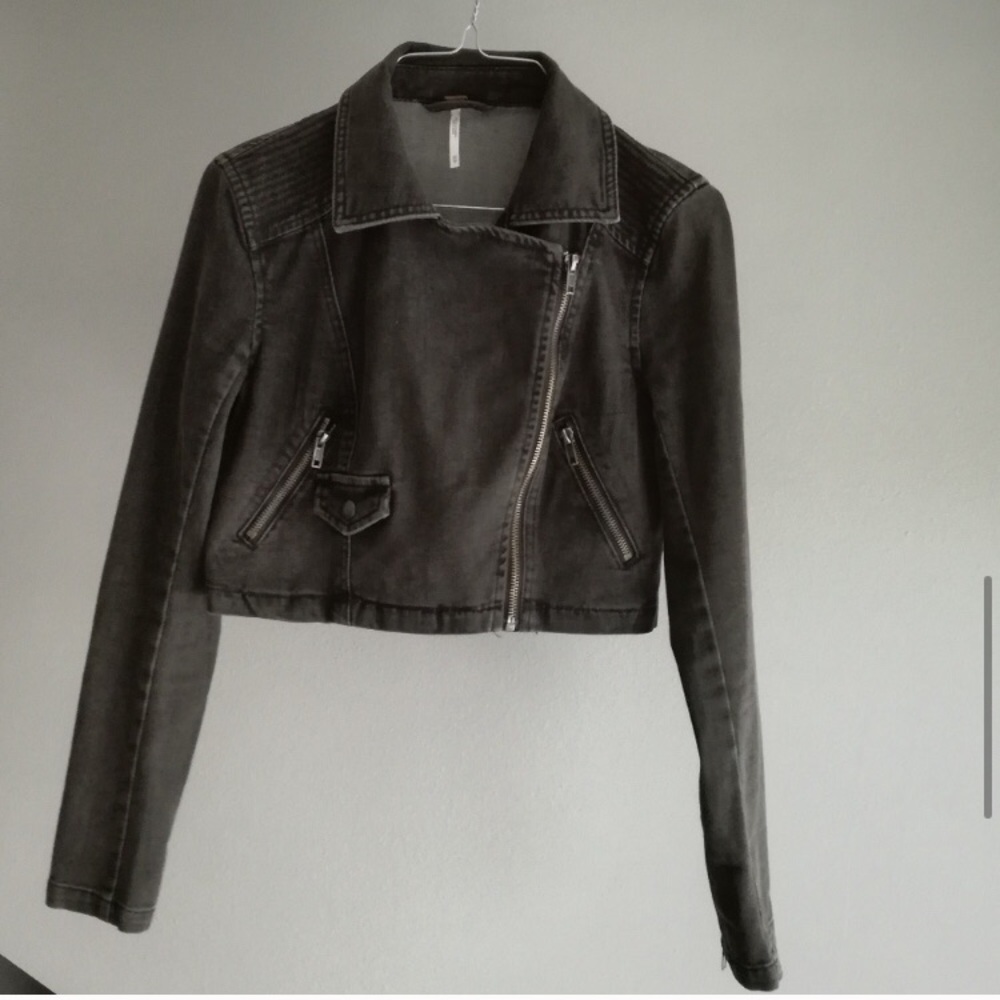 Free People cropped moto denim jacket washed black